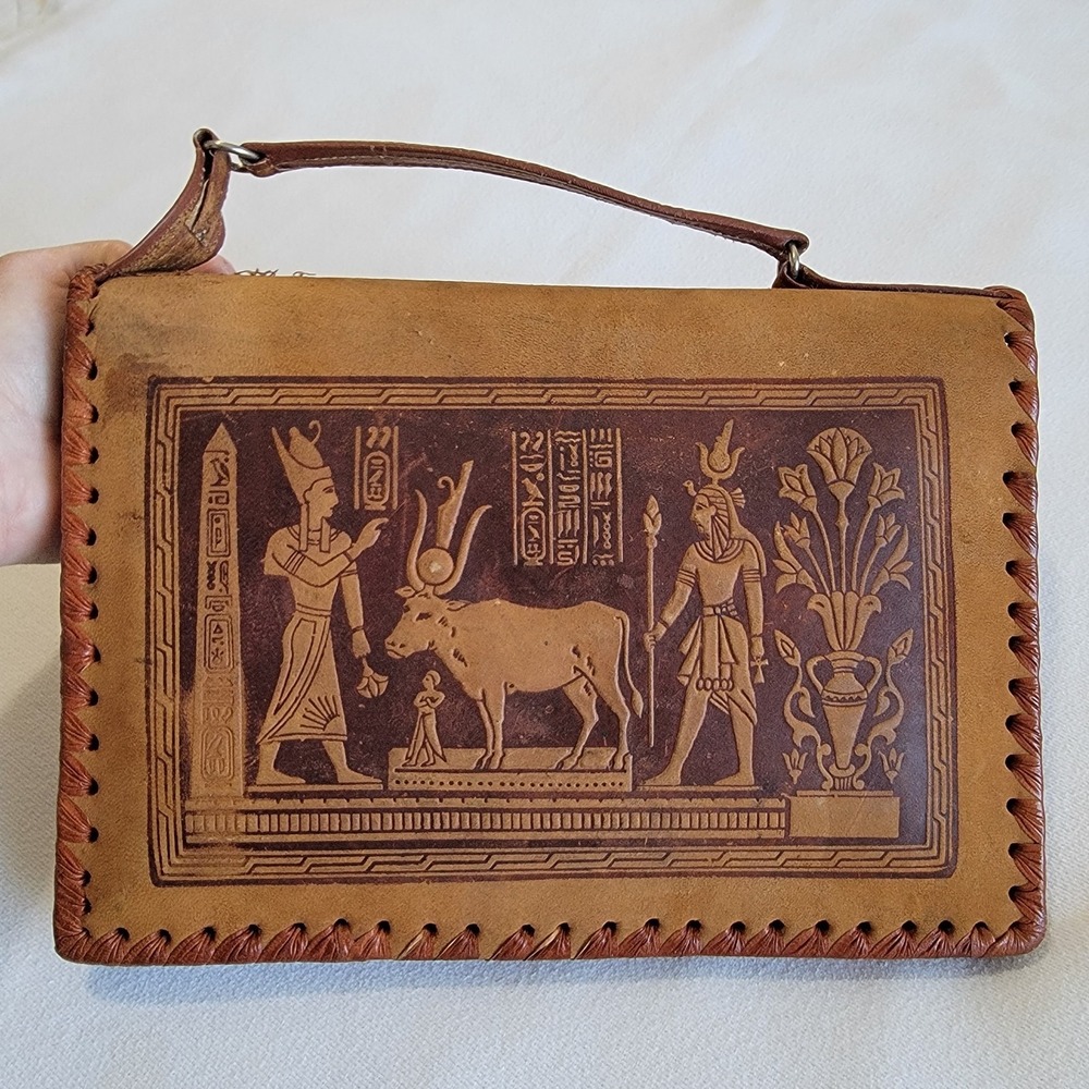 Vintage 40s Tooled Leather Egyptian Tourist Bag Purse Royal Pharoah Art Deco